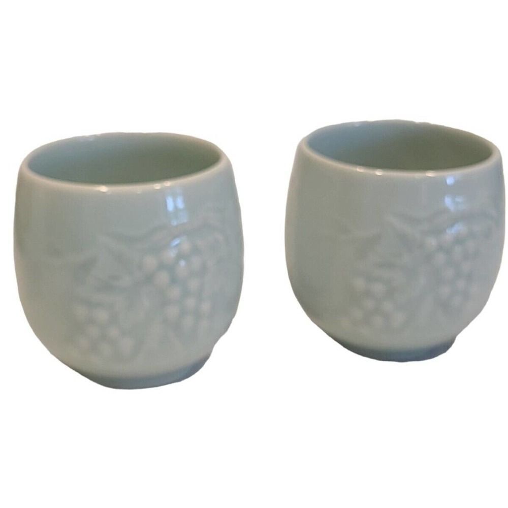 VTG Celedon Teacup /Sake Embossed Leaves Grapes Signed EUC set of 2
